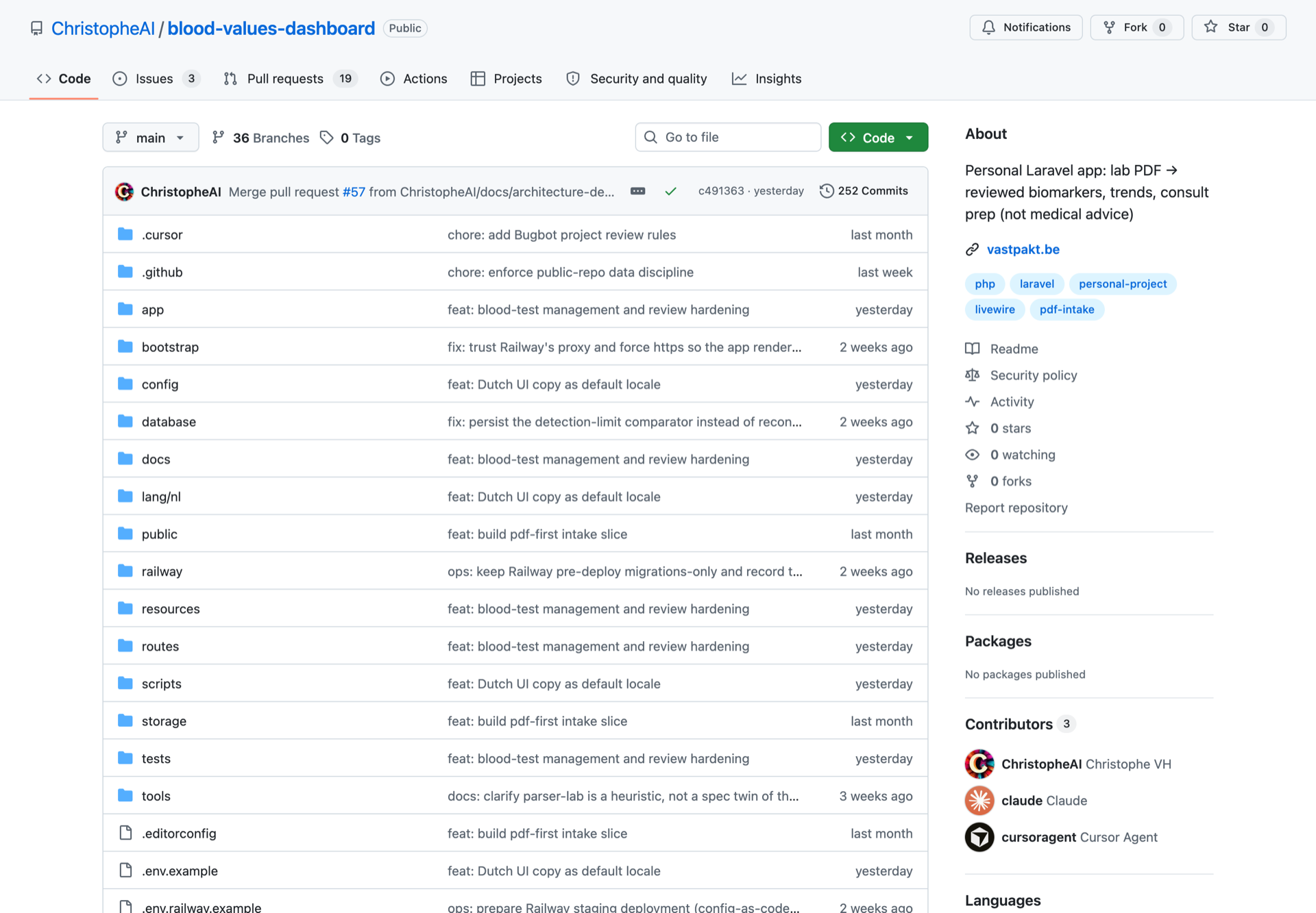 GitHub-repo van het bloedwaarden-dashboard: publieke code, recente commits, topics php, laravel en livewire