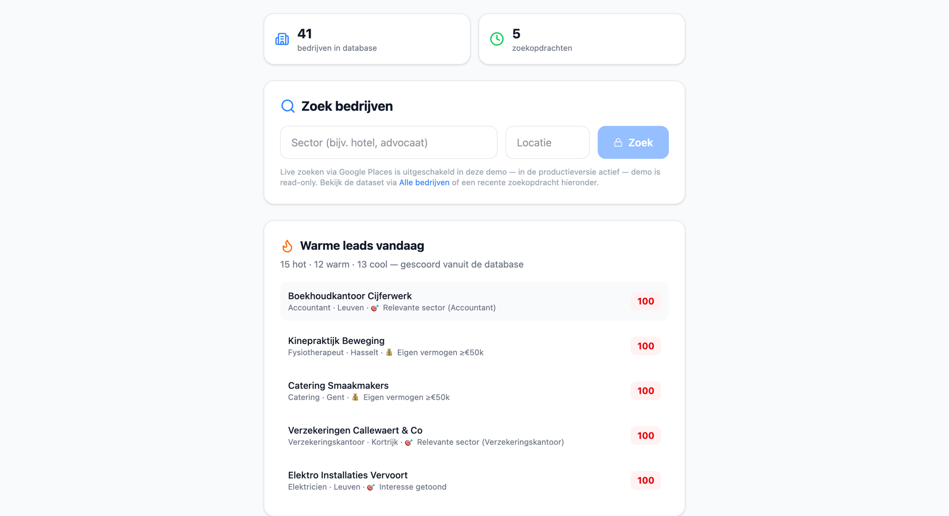 Screenshot van de prospectie-engine-demo: bedrijven zoeken en warme leads van vandaag