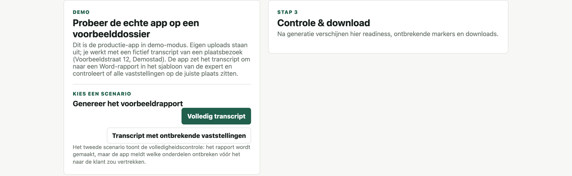 Screenshot van de rapportgenerator-demo: stap 1 van de flow, transcript kiezen
