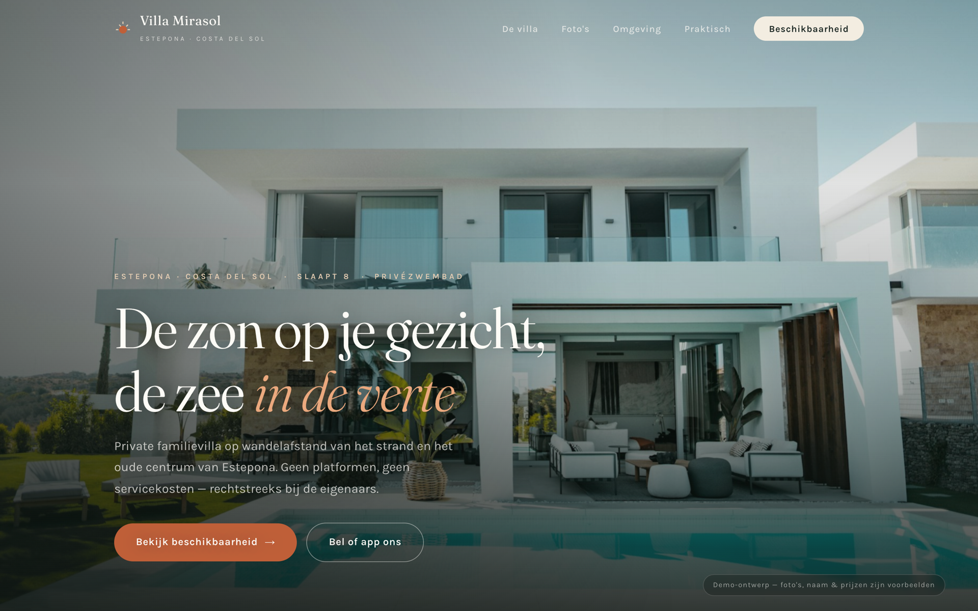 Screenshot van de boekingssite: villa met zwembad onder de titel 'De zon op je gezicht, de zee in de verte'