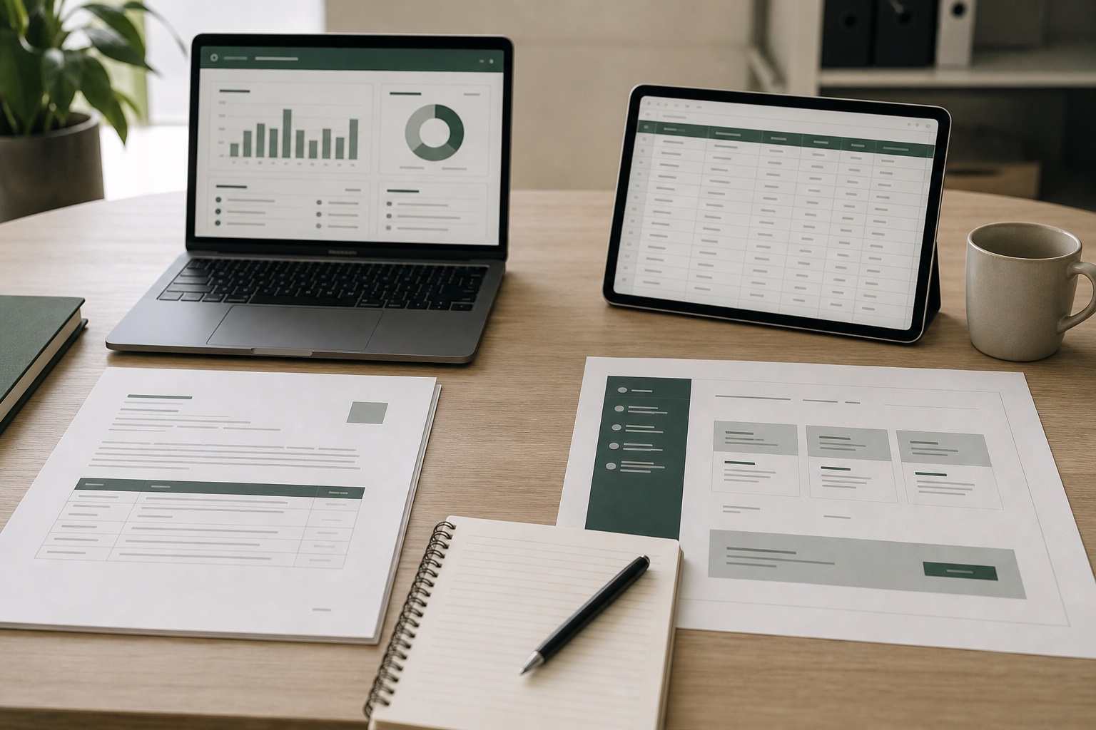 Anonieme werkobjecten op een bureau met dashboard, lijst, rapport en websiteblokken